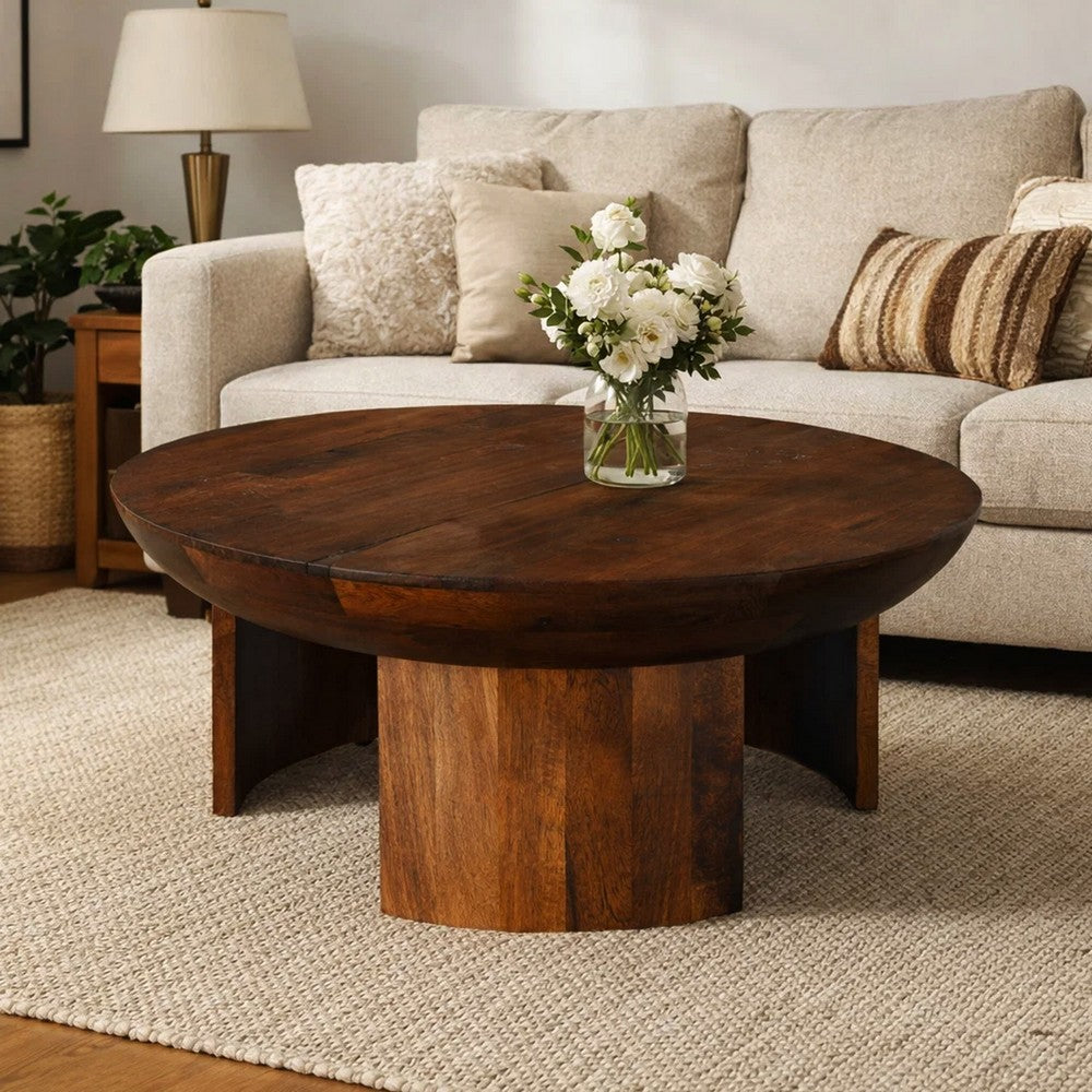 35 Inch Coffee Table, Handcrafted Round Mango Wood Top, Modern Curved Tripod Legs, Walnut Brown The Urban Port