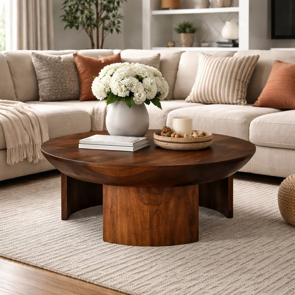 35 Inch Coffee Table, Handcrafted Round Mango Wood Top, Modern Curved Tripod Legs, Walnut Brown The Urban Port