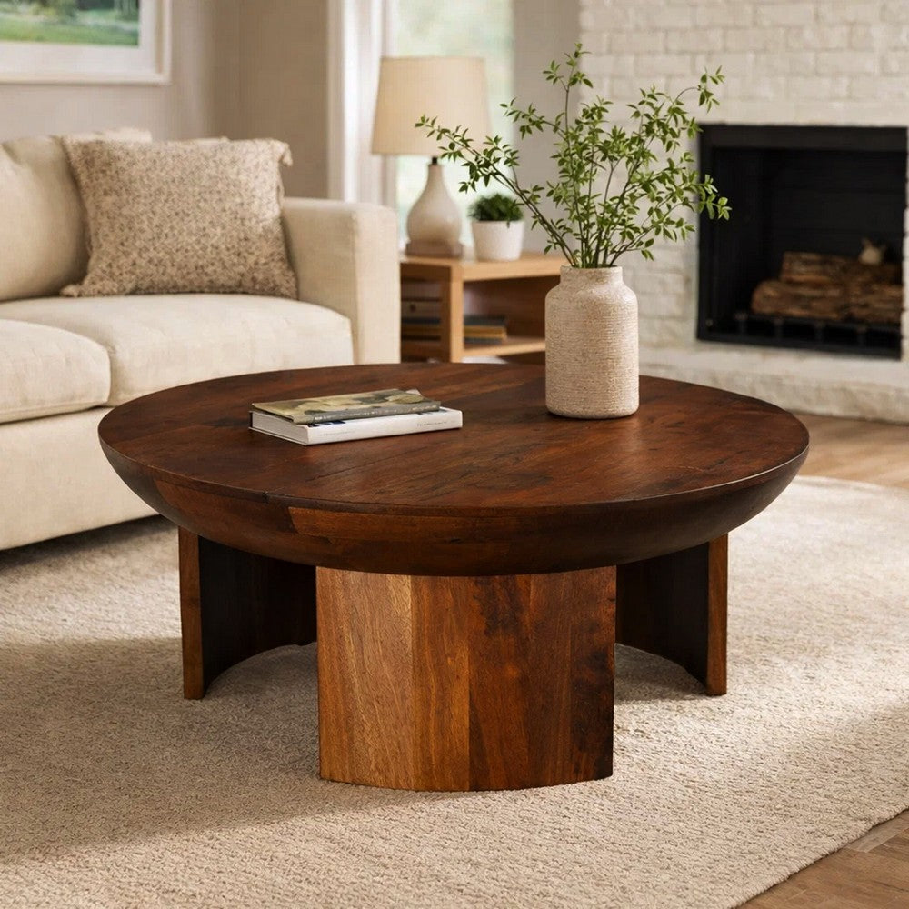 35 Inch Coffee Table, Handcrafted Round Mango Wood Top, Modern Curved Tripod Legs, Walnut Brown The Urban Port