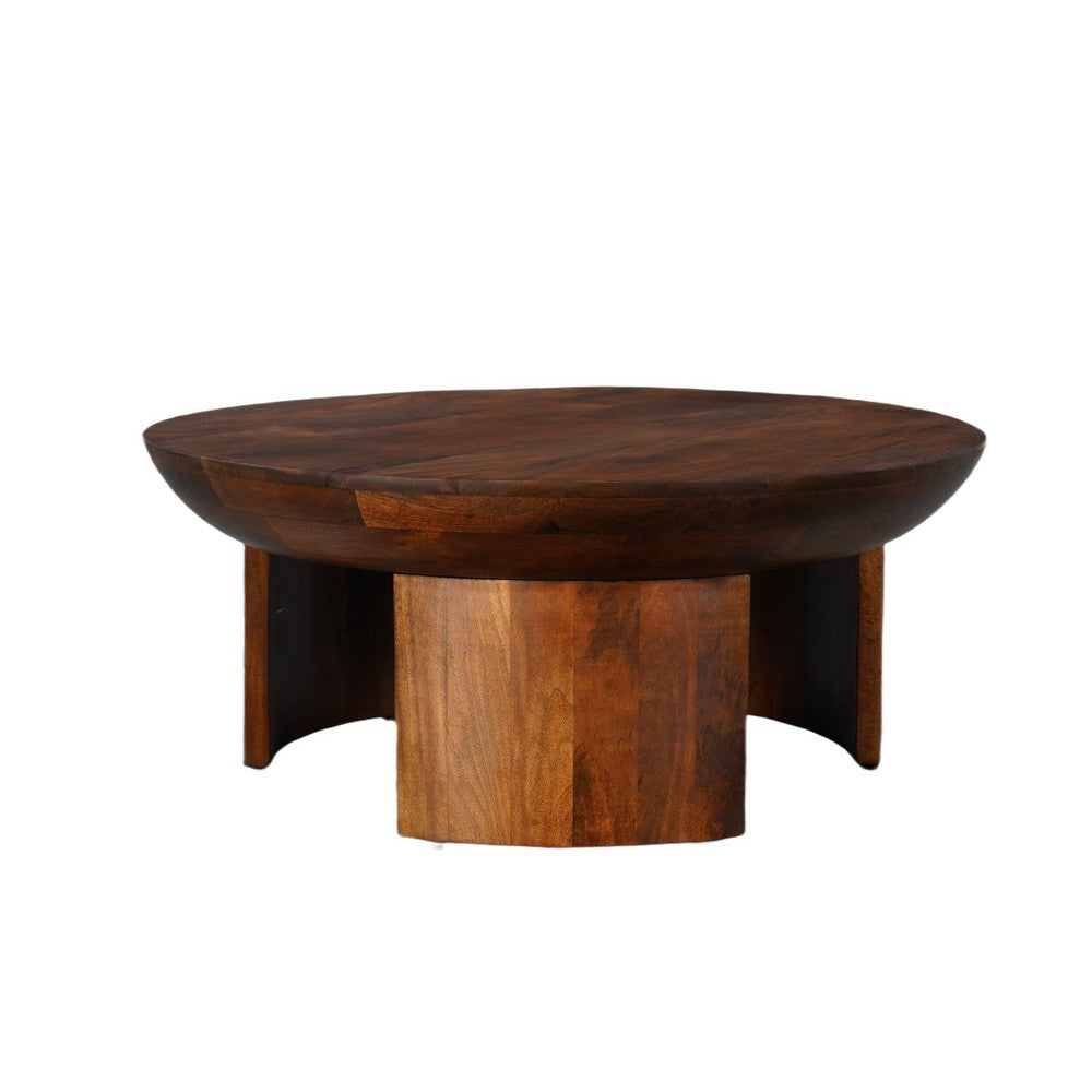 35 Inch Coffee Table, Handcrafted Round Mango Wood Top, Modern Curved Tripod Legs, Walnut Brown The Urban Port