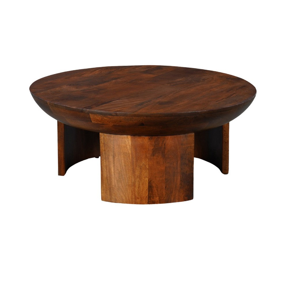 35 Inch Coffee Table, Handcrafted Round Mango Wood Top, Modern Curved Tripod Legs, Walnut Brown The Urban Port