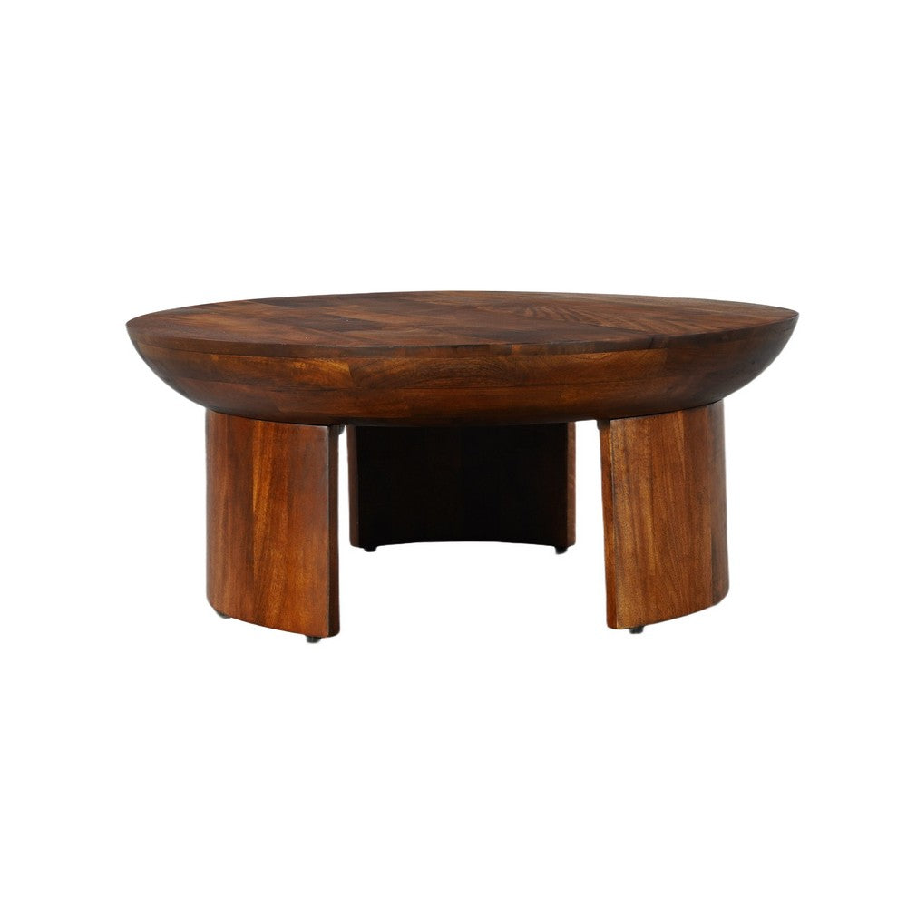 35 Inch Coffee Table, Handcrafted Round Mango Wood Top, Modern Curved Tripod Legs, Walnut Brown The Urban Port
