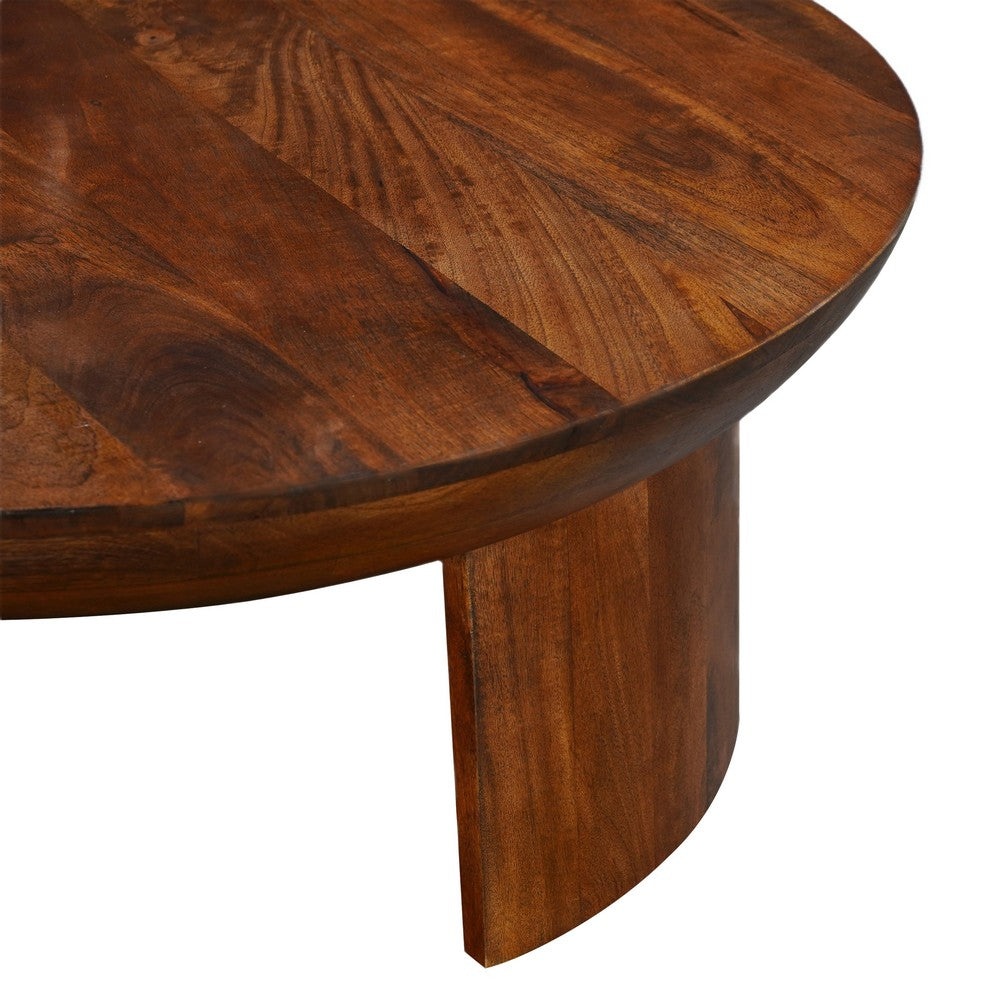 35 Inch Coffee Table, Handcrafted Round Mango Wood Top, Modern Curved Tripod Legs, Walnut Brown The Urban Port