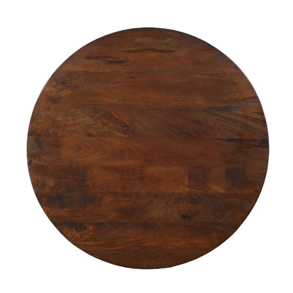 35 Inch Coffee Table, Handcrafted Round Mango Wood Top, Modern Curved Tripod Legs, Walnut Brown The Urban Port