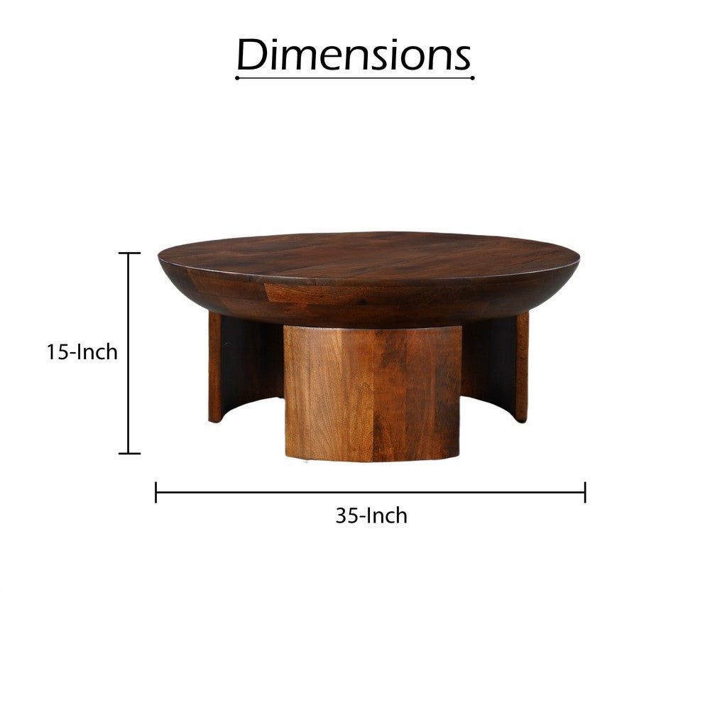 35 Inch Coffee Table, Handcrafted Round Mango Wood Top, Modern Curved Tripod Legs, Walnut Brown The Urban Port