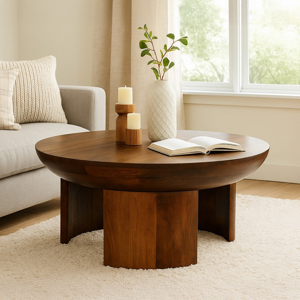 35 Inch Coffee Table, Handcrafted Round Mango Wood Top, Modern Curved Tripod Legs, Walnut Brown The Urban Port