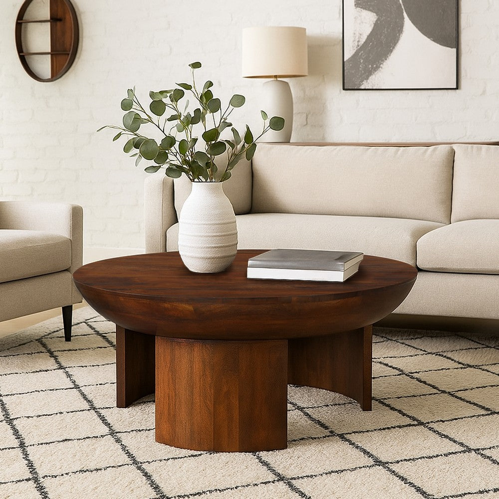 35 Inch Coffee Table, Handcrafted Round Mango Wood Top, Modern Curved Tripod Legs, Walnut Brown The Urban Port