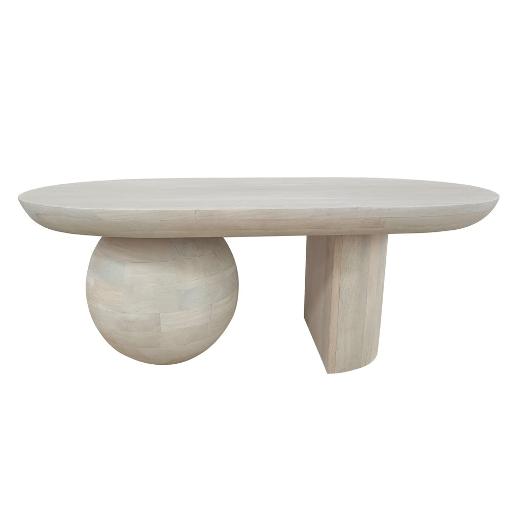 38 Inch Coffee Table, Oblong Mango Wood Top with a Modern Ball Leg, Washed White The Urban Port