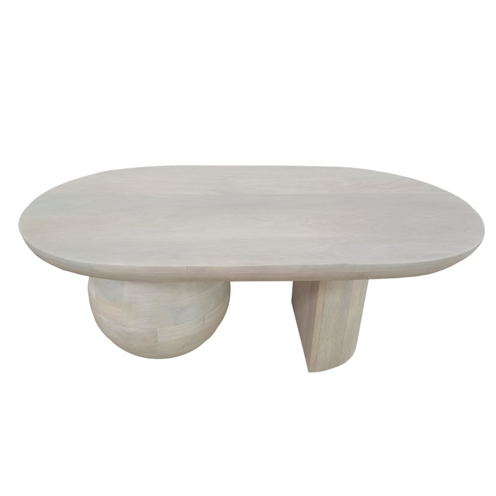 38 Inch Coffee Table Oblong Mango Wood Top with a Modern Ball Leg Washed White The Urban Port UPT-299124