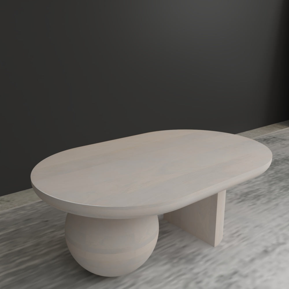 38 Inch Coffee Table, Oblong Mango Wood Top with a Modern Ball Leg, Washed White The Urban Port