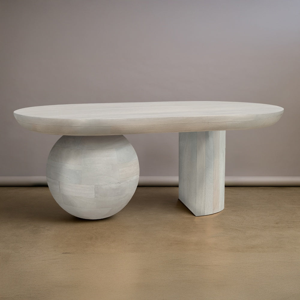 38 Inch Coffee Table, Oblong Mango Wood Top with a Modern Ball Leg, Washed White The Urban Port