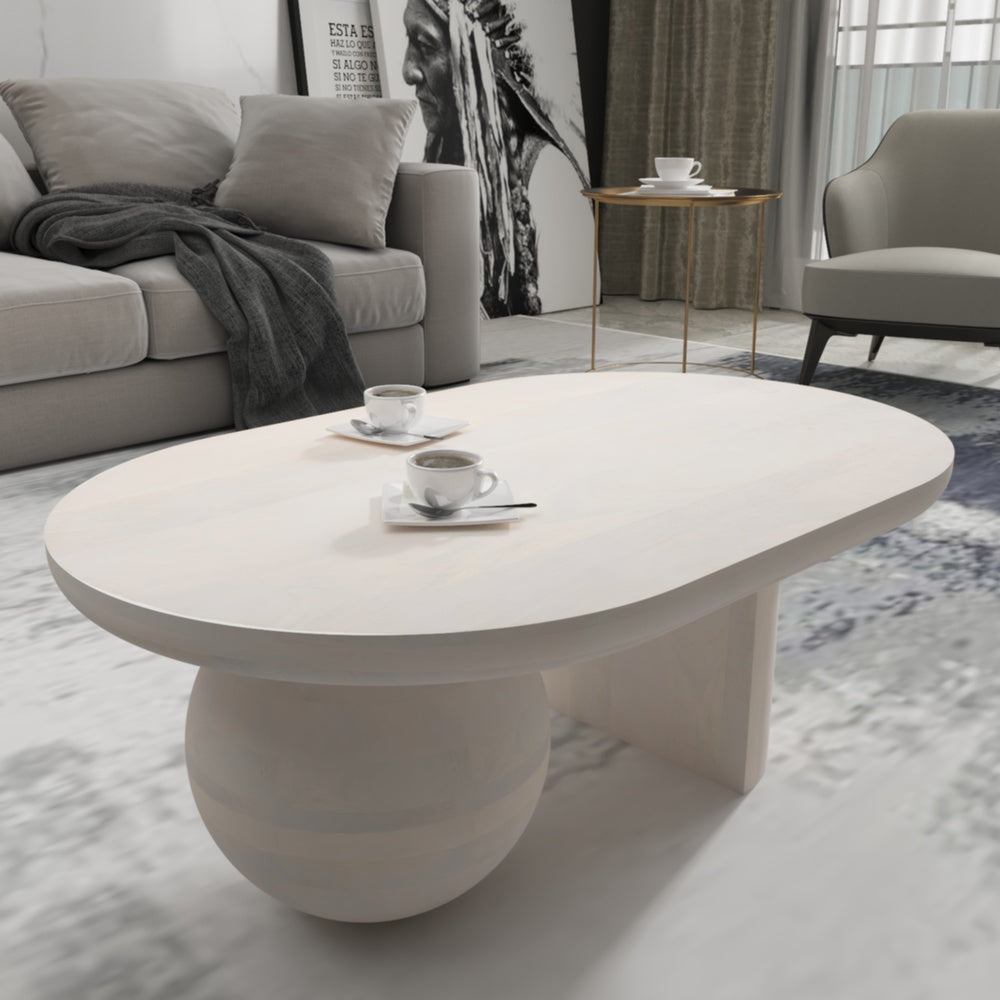 38 Inch Coffee Table, Oblong Mango Wood Top with a Modern Ball Leg, Washed White The Urban Port