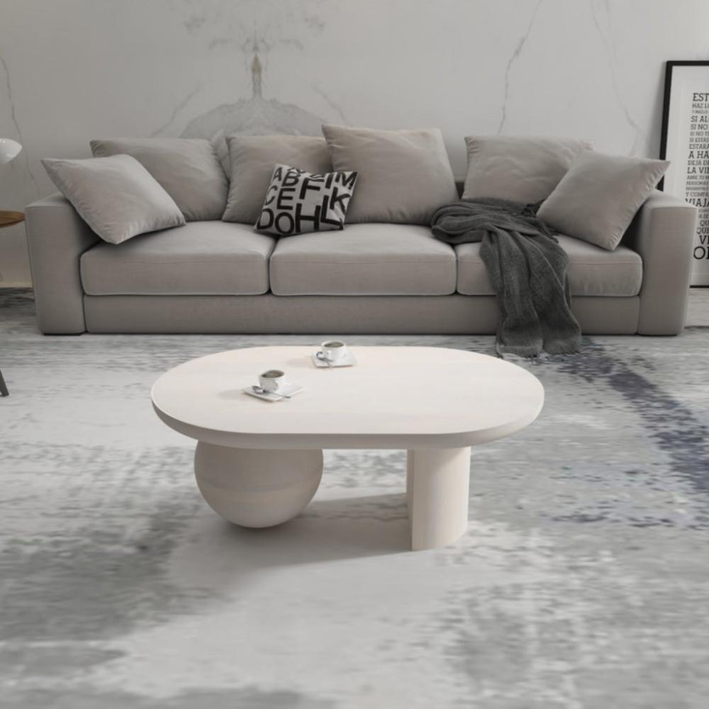 38 Inch Coffee Table Oblong Mango Wood Top with a Modern Ball Leg Washed White The Urban Port UPT-299124