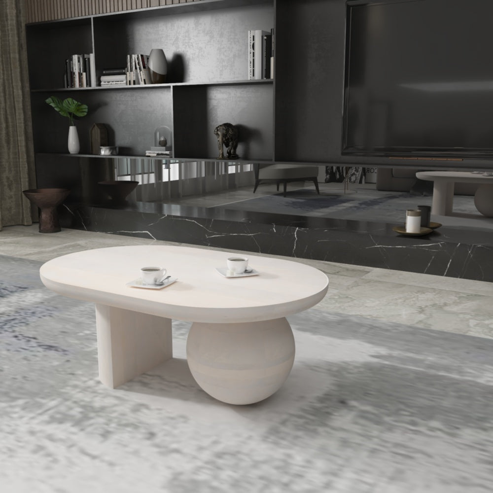 38 Inch Coffee Table, Oblong Mango Wood Top with a Modern Ball Leg, Washed White The Urban Port