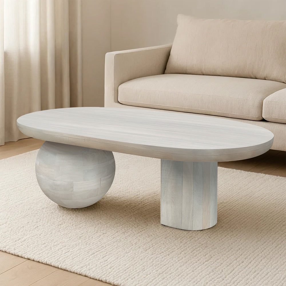 38 Inch Coffee Table, Oblong Mango Wood Top with a Modern Ball Leg, Washed White The Urban Port