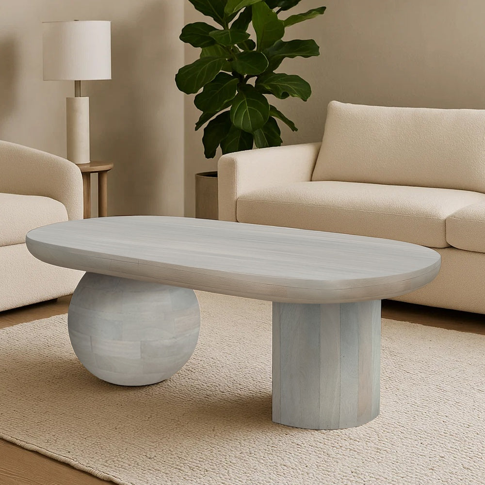 38 Inch Coffee Table, Oblong Mango Wood Top with a Modern Ball Leg, Washed White The Urban Port