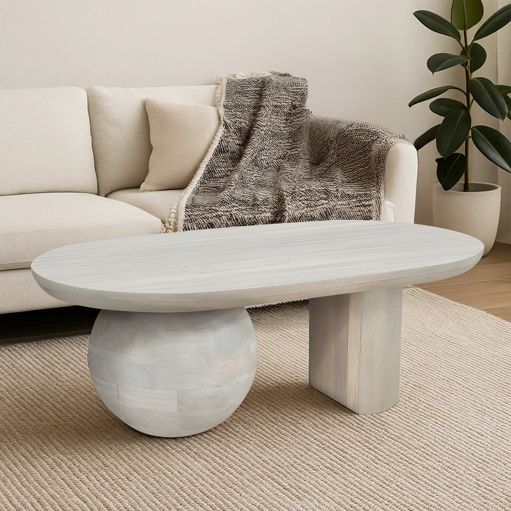 38 Inch Coffee Table, Oblong Mango Wood Top with a Modern Ball Leg, Washed White The Urban Port