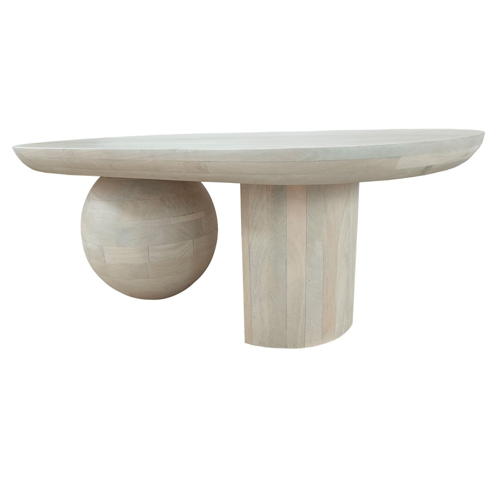 38 Inch Coffee Table, Oblong Mango Wood Top with a Modern Ball Leg, Washed White The Urban Port
