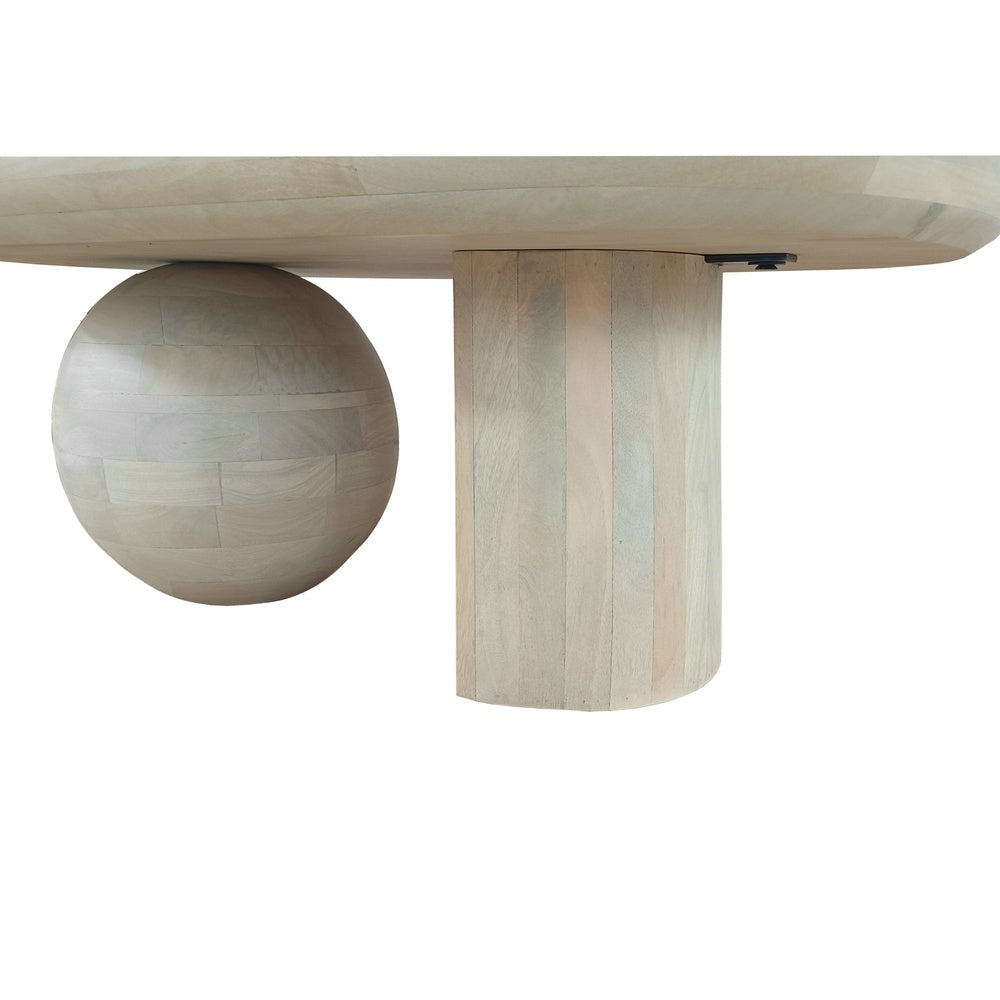 38 Inch Coffee Table, Oblong Mango Wood Top with a Modern Ball Leg, Washed White The Urban Port