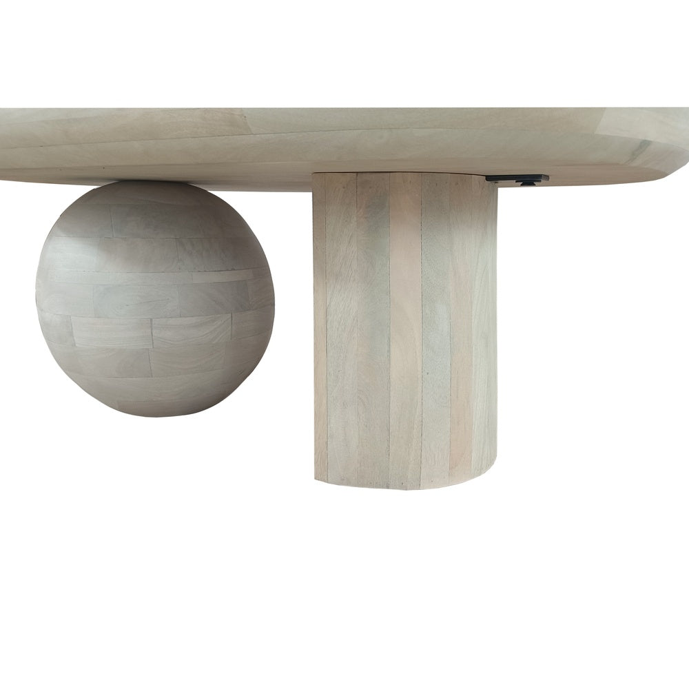38 Inch Coffee Table, Oblong Mango Wood Top with a Modern Ball Leg, Washed White The Urban Port