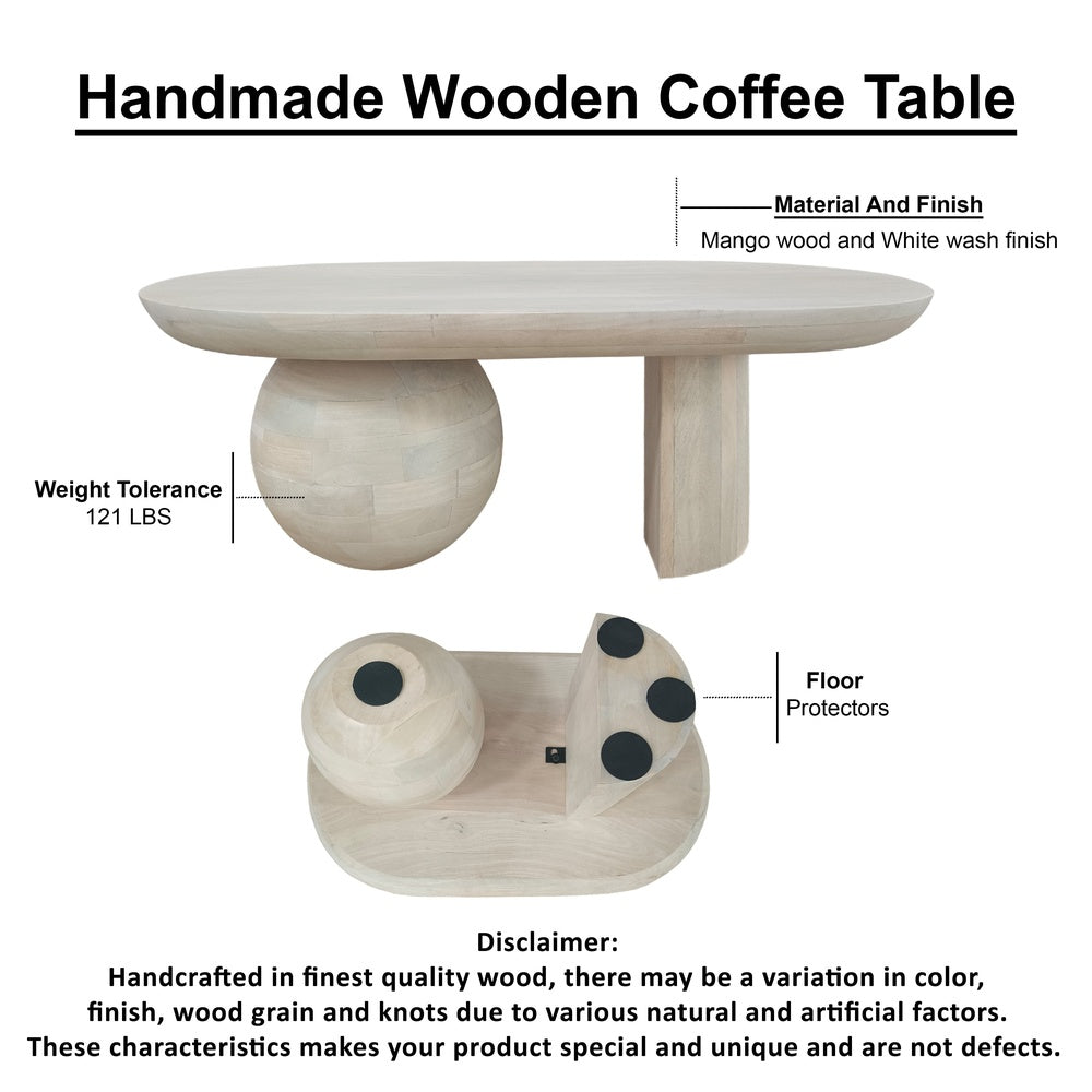 38 Inch Coffee Table, Oblong Mango Wood Top with a Modern Ball Leg, Washed White The Urban Port