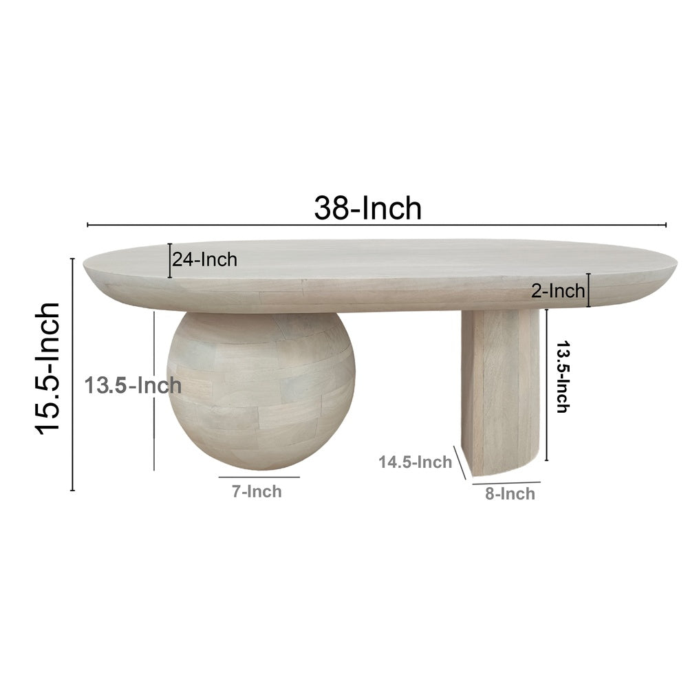 38 Inch Coffee Table, Oblong Mango Wood Top with a Modern Ball Leg, Washed White The Urban Port