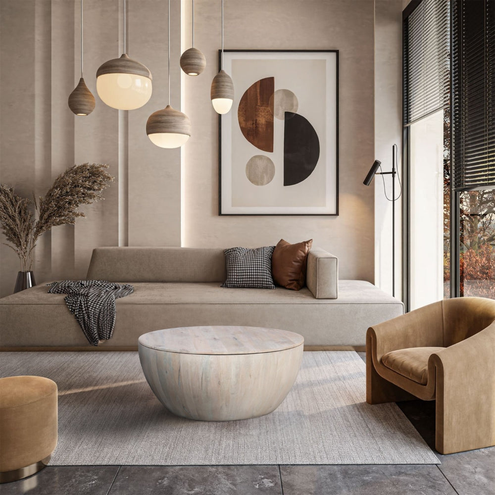 37 Inch Round Coffee Table, Handcrafted Drum Shape with Storage, Washed White Mango Wood The Urban Port