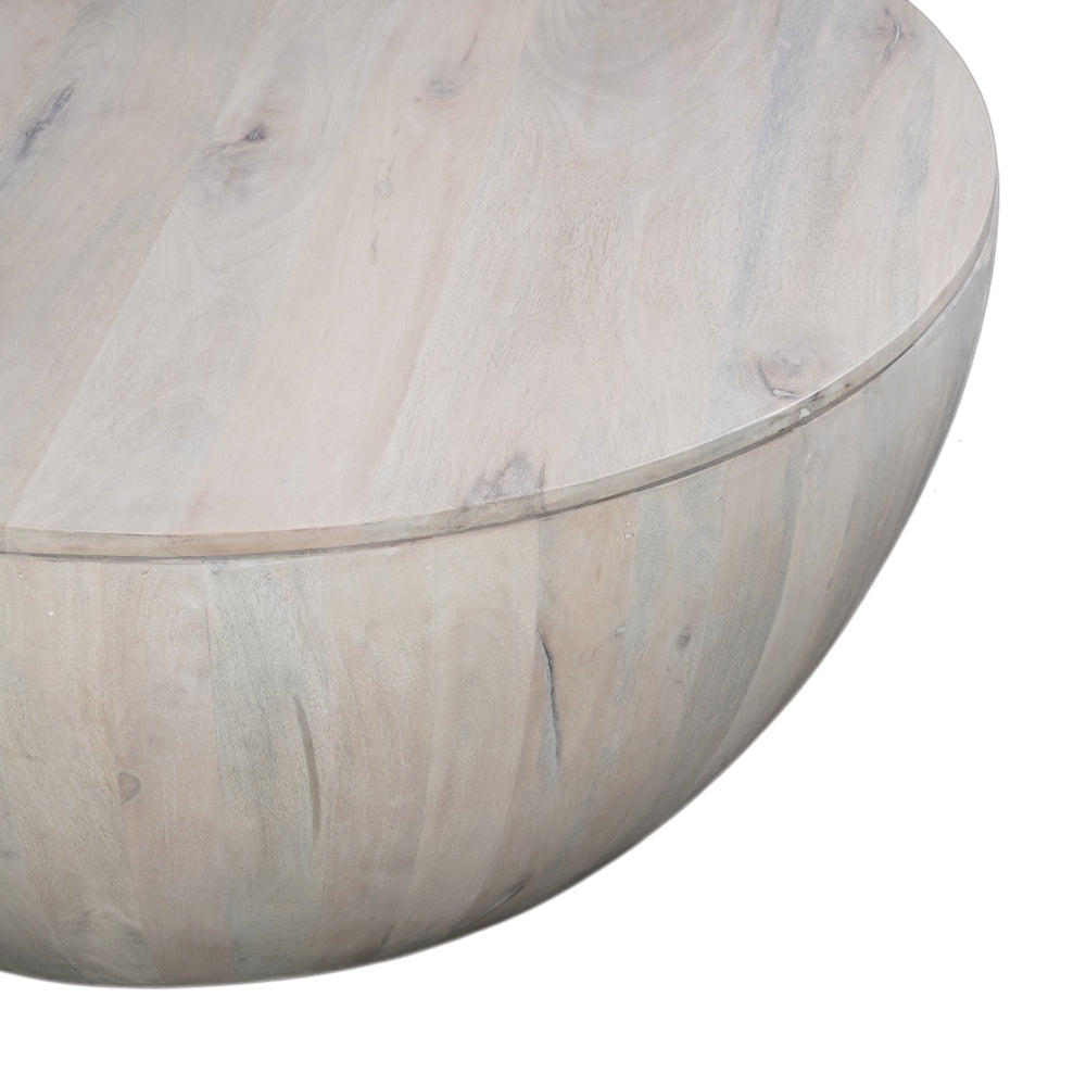 37 Inch Round Coffee Table Handcrafted Drum Shape with Storage Washed White Mango Wood The Urban Port UPT-299715