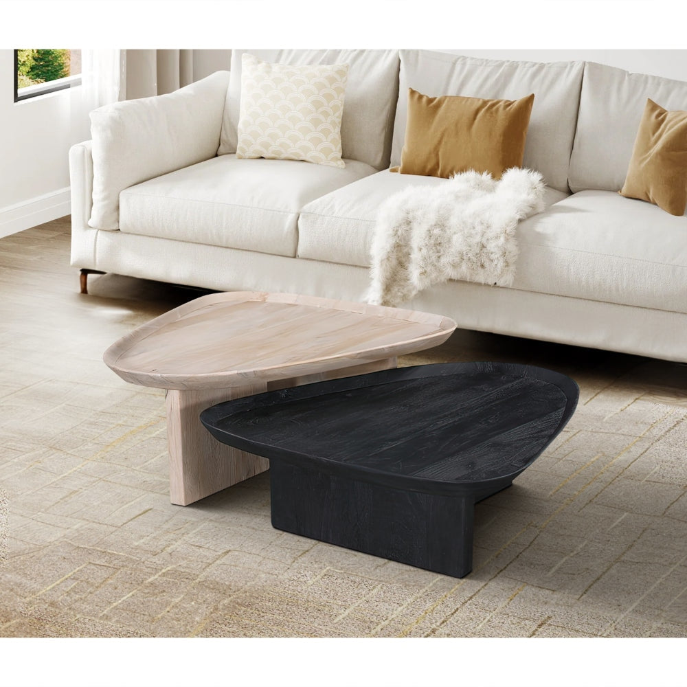 39 Inch Coffee Table Set of 2, Mango Wood Triangular Tray Top, Washed White, Black The Urban Port