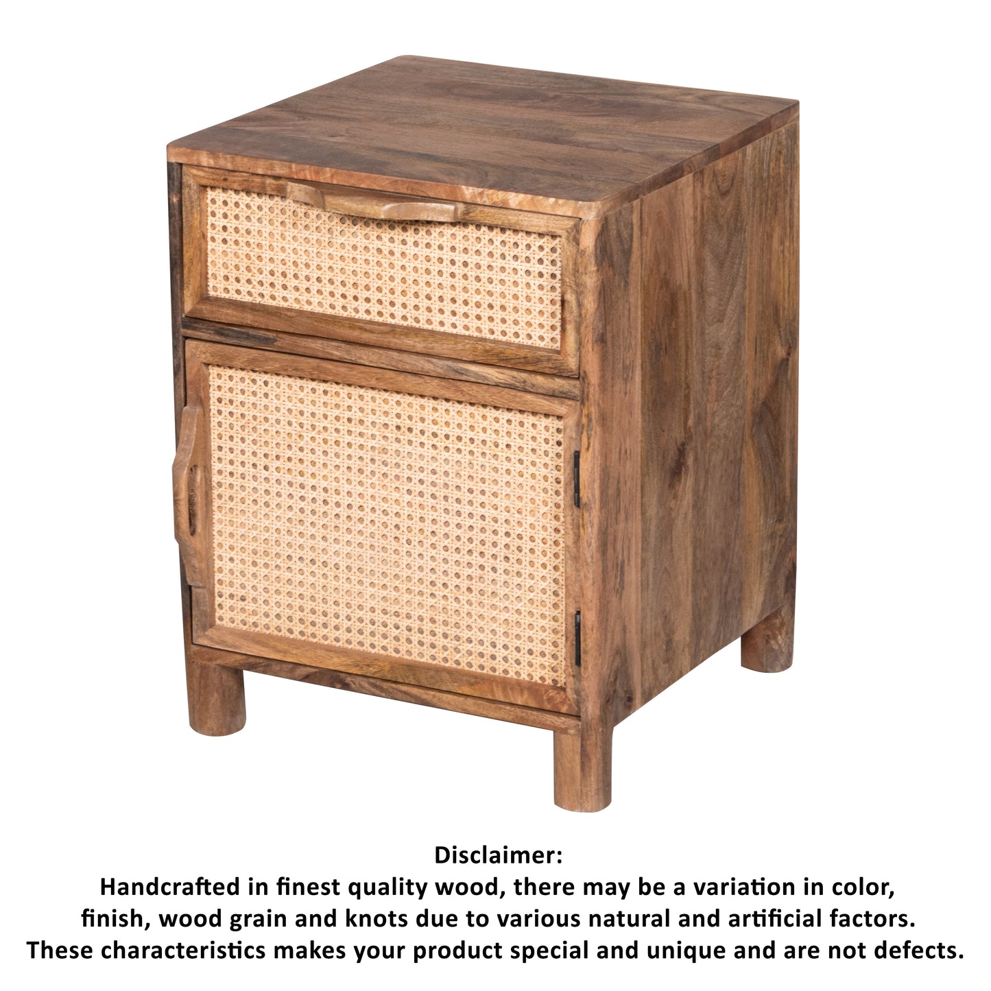Mia 23 Inch Nightstand, Woven Rattan Cabinet Door and Drawer, Handcrafted Natural Brown Mango Wood The Urban Port
