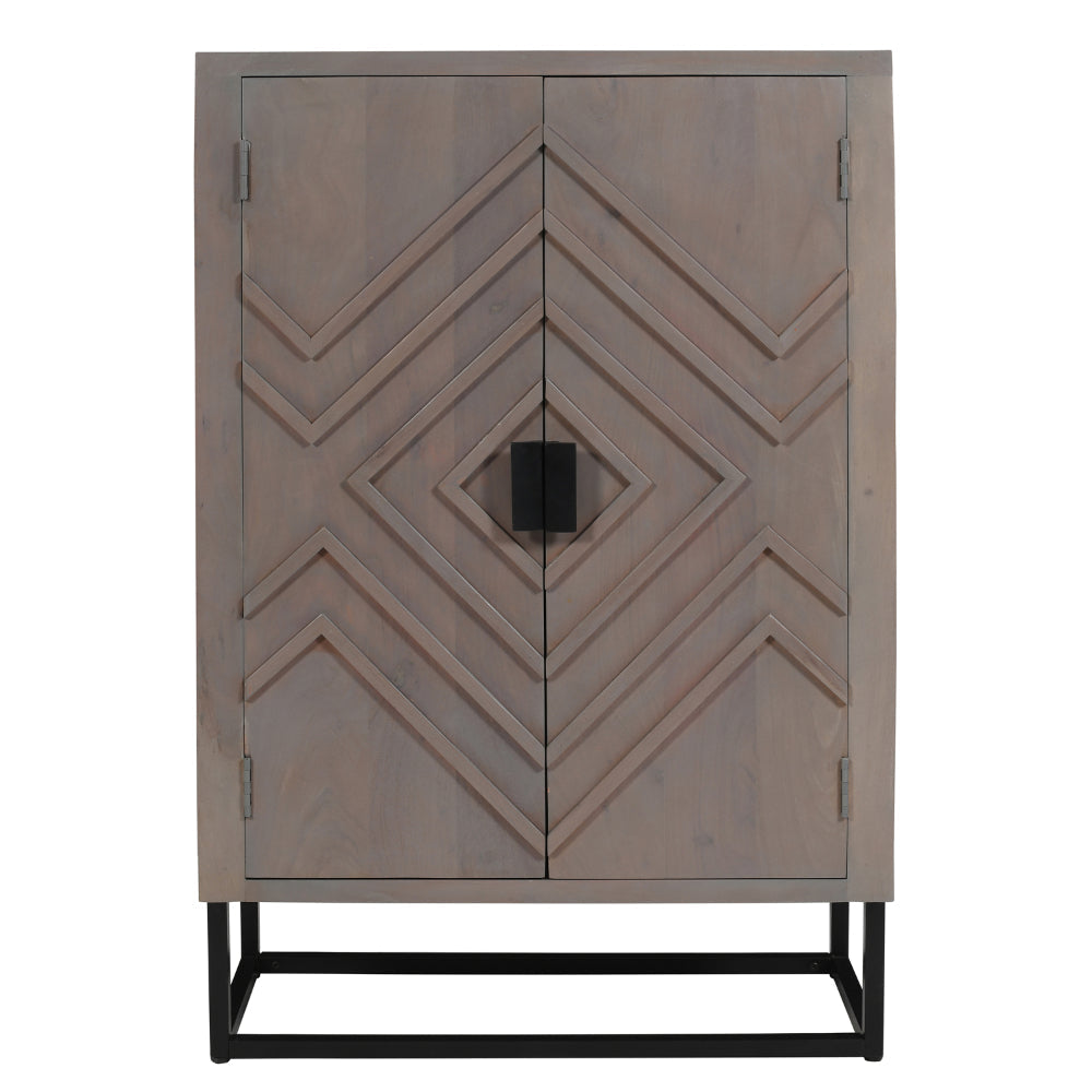 52 Inch Wine Bar Cabinet with Built in Stemware Rack Bottle Holder in Gray Acacia Wood Black Iron Metal By The Urban Port UPT-301717