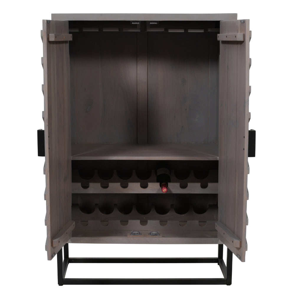 52 Inch Wine Bar Cabinet with Built in Stemware Rack Bottle Holder in Gray Acacia Wood Black Iron Metal By The Urban Port UPT-301717