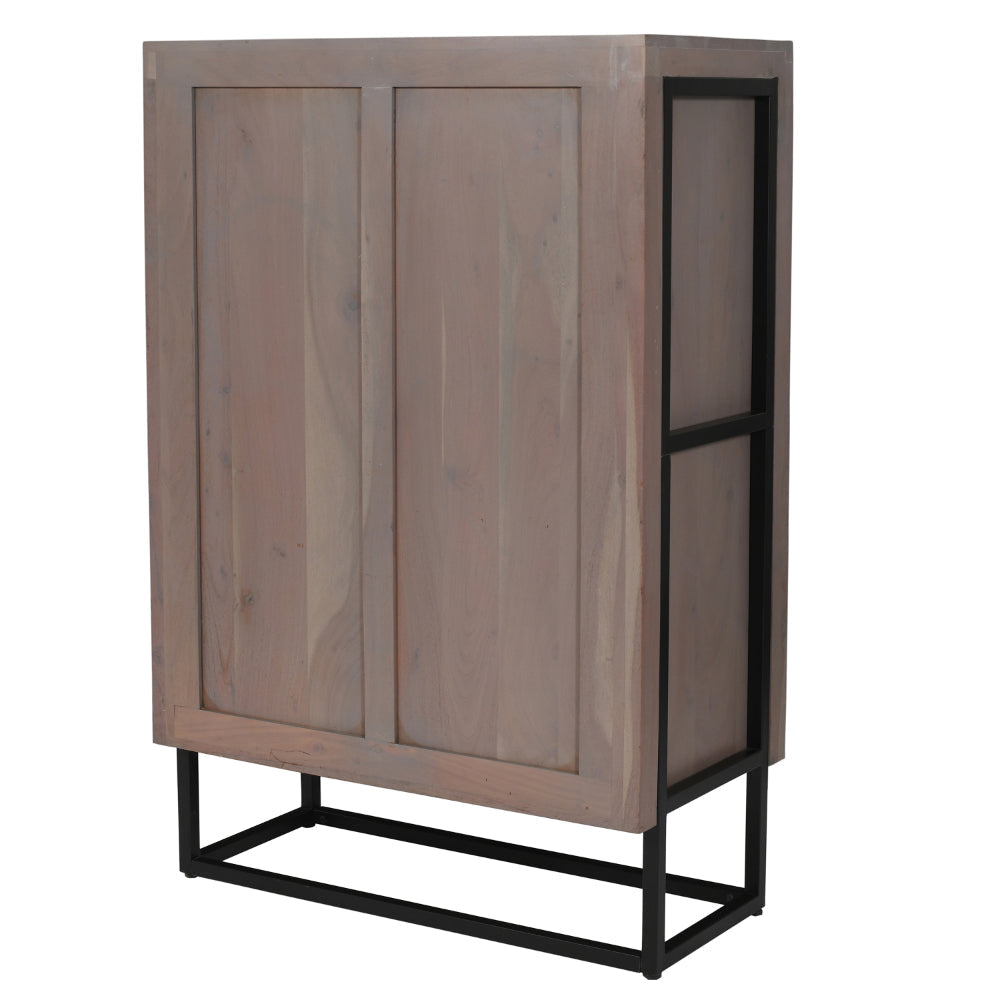 52 Inch Wine Bar Cabinet with Built in Stemware Rack Bottle Holder in Gray Acacia Wood Black Iron Metal By The Urban Port UPT-301717