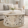 Alina Coffee Table Handcrafted Mango Wood Floral Carved Cut Out Design Distressed White Finish 33 Inch  By The Urban Port