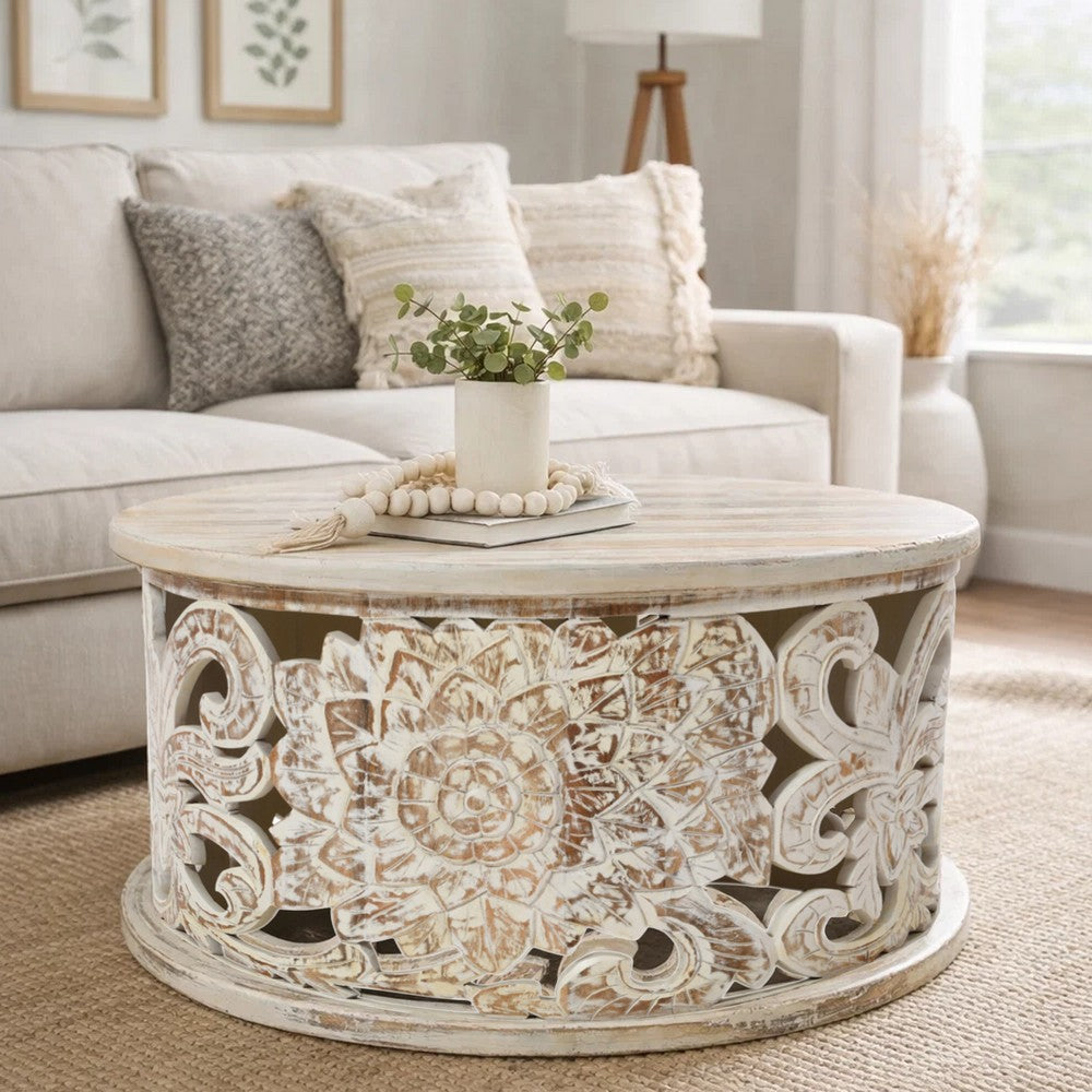 Alina Coffee Table Handcrafted Mango Wood Floral Carved Cut Out Design Distressed White Finish 33 Inch  By The Urban Port