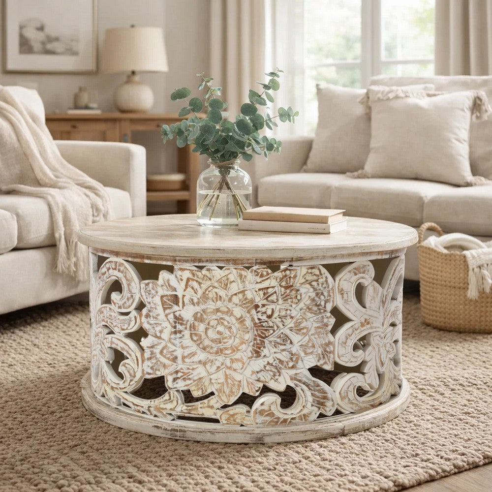 Alina Coffee Table Handcrafted Mango Wood Floral Carved Cut Out Design Distressed White Finish 33 Inch  By The Urban Port