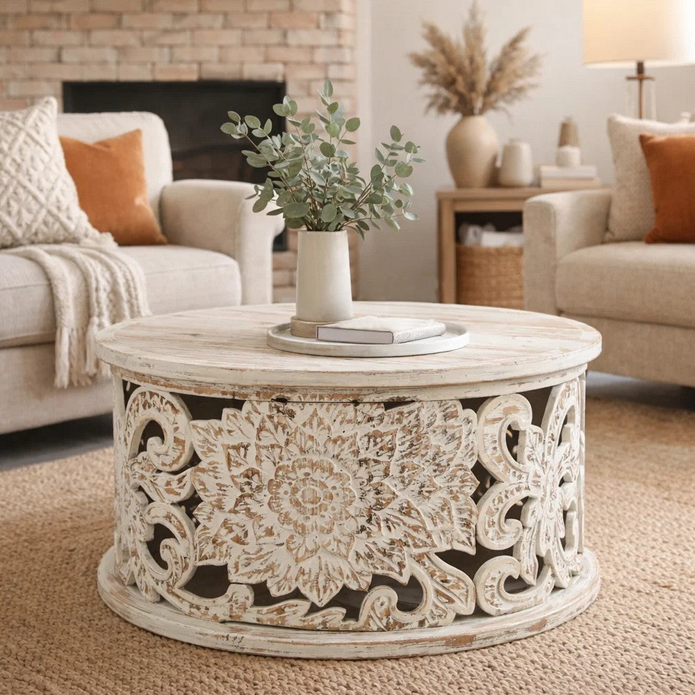 Alina Coffee Table Handcrafted Mango Wood Floral Carved Cut Out Design Distressed White Finish 33 Inch  By The Urban Port