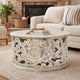 Alina Coffee Table Handcrafted Mango Wood Floral Carved Cut Out Design Distressed White Finish 33 Inch  By The Urban Port