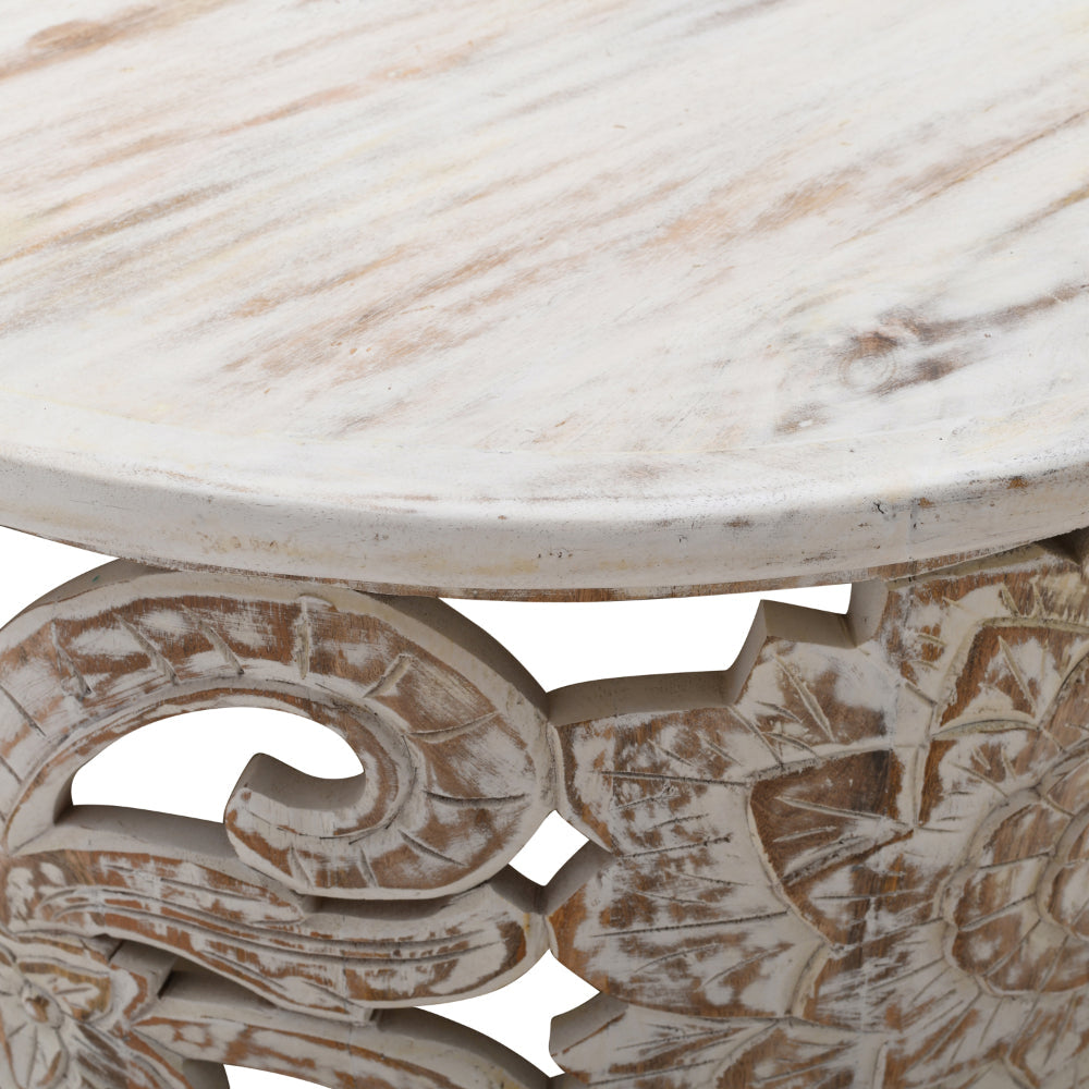 Alina Coffee Table Handcrafted Mango Wood Floral Carved Cut Out Design Distressed White Finish 33 Inch  By The Urban Port