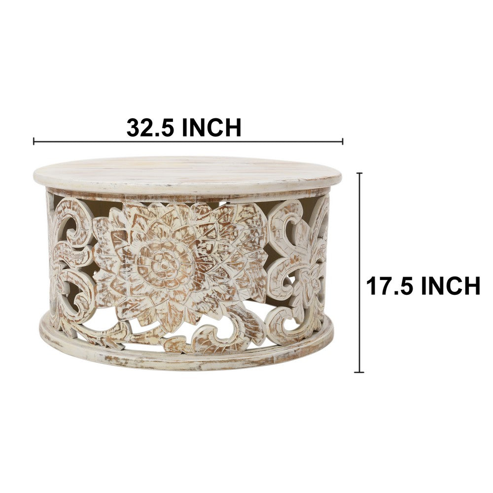 Alina Coffee Table Handcrafted Mango Wood Floral Carved Cut Out Design Distressed White Finish 33 Inch  By The Urban Port