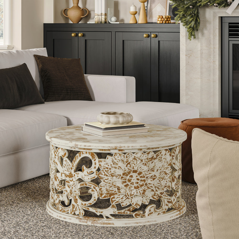 Alina Coffee Table Handcrafted Mango Wood Floral Carved Cut Out Design Distressed White Finish 33 Inch  By The Urban Port