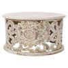 Alina Coffee Table Handcrafted Mango Wood Floral Carved Cut Out Design Distressed White Finish 33 Inch  By The Urban Port