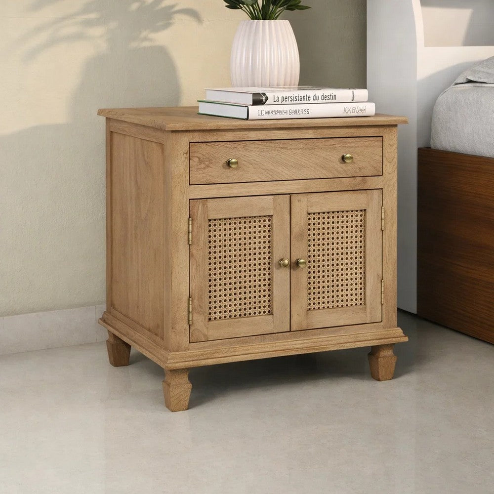 30 Inch Nightstand Table, Rattan Cabinet Doors and Drawer Fronts, Sandblasted Brown Mango Wood By The Urban Port