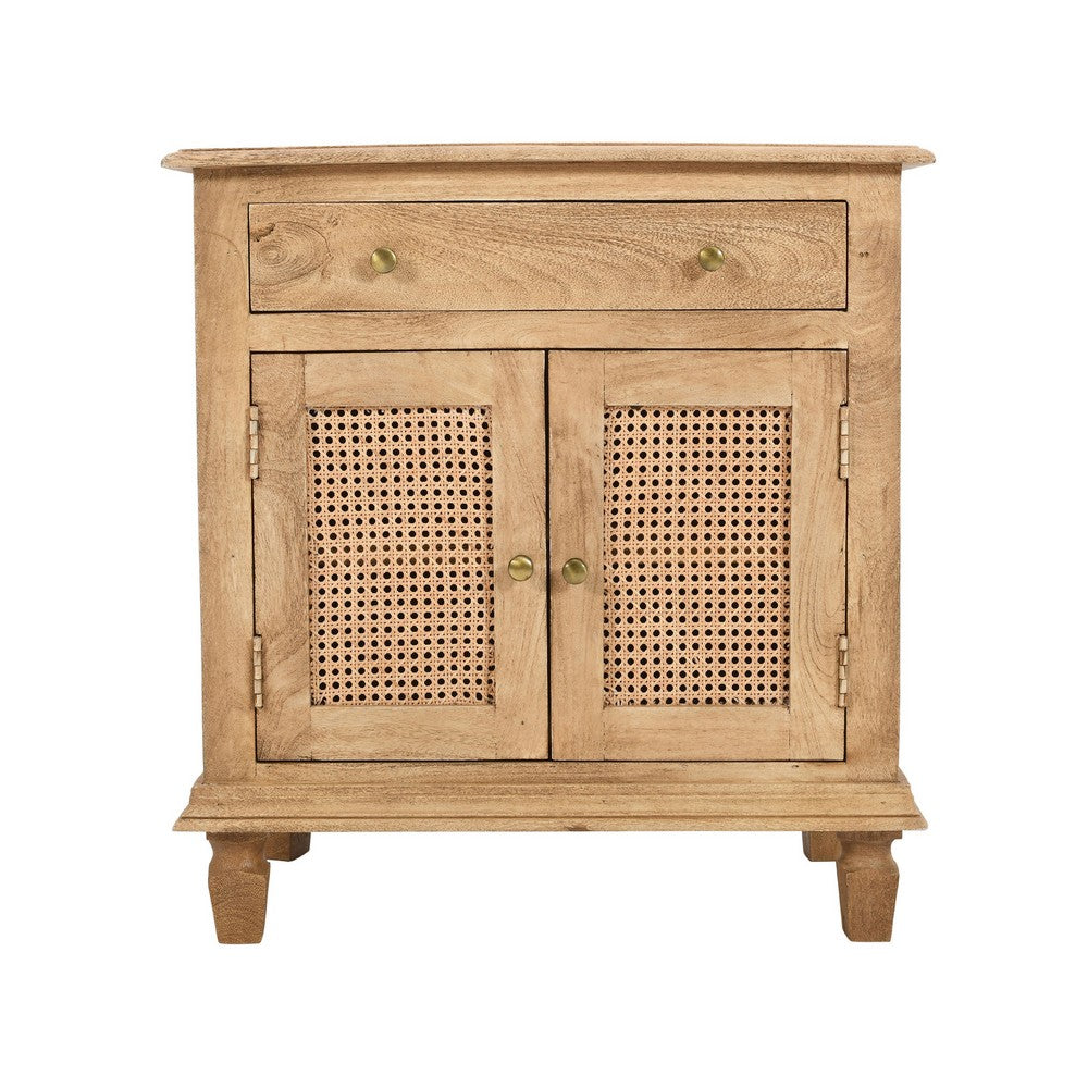30 Inch Nightstand Table, Rattan Cabinet Doors and Drawer Fronts, Sandblasted Brown Mango Wood By The Urban Port