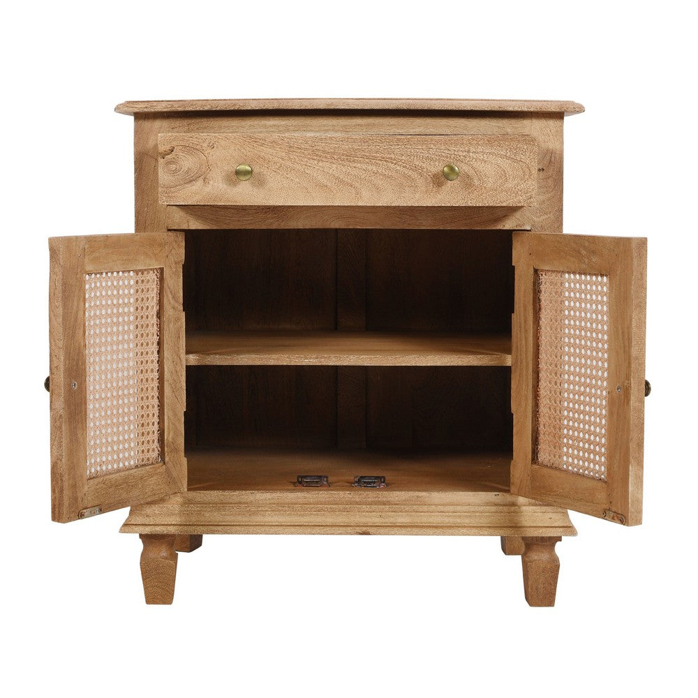 30 Inch Nightstand Table, Rattan Cabinet Doors and Drawer Fronts, Sandblasted Brown Mango Wood By The Urban Port