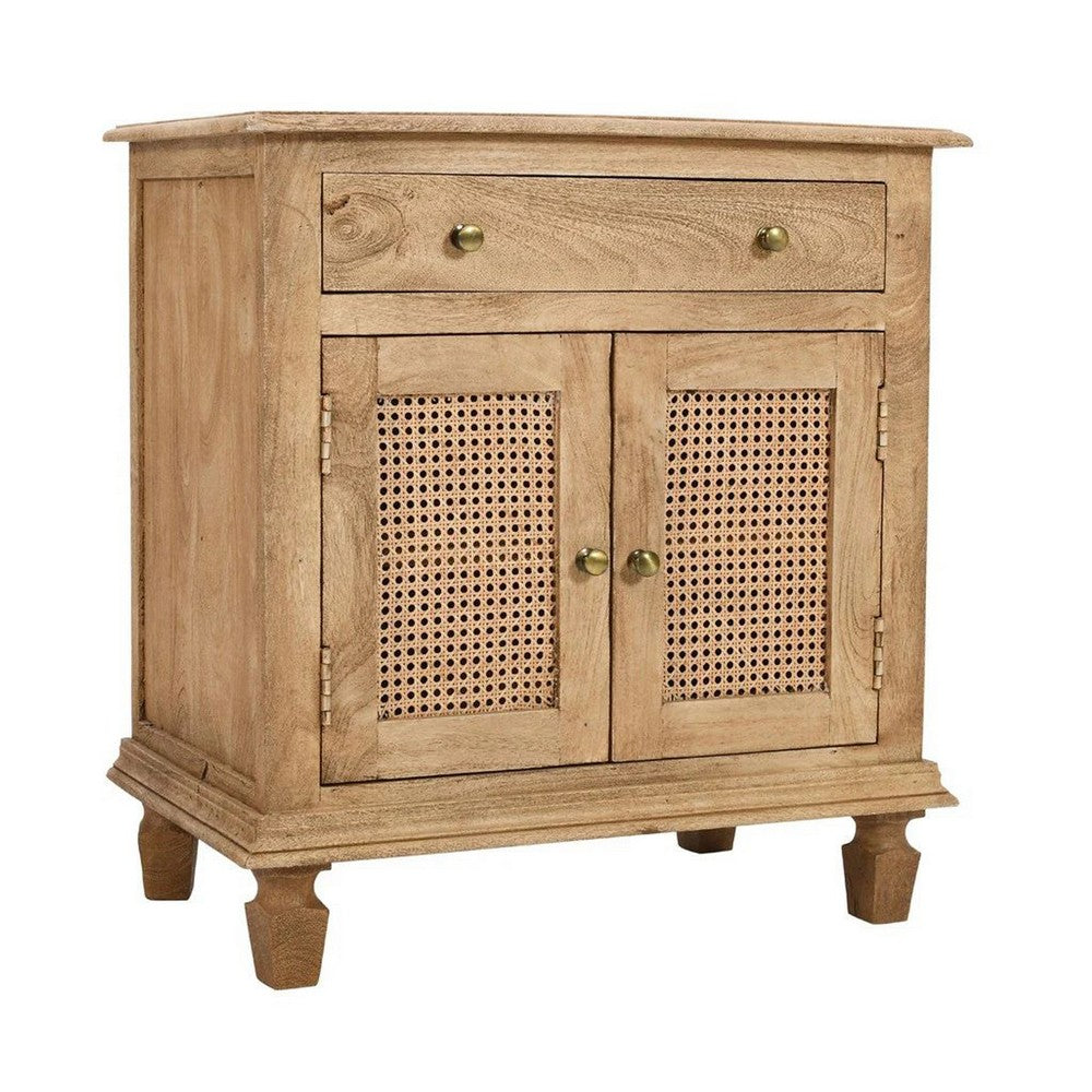 30 Inch Nightstand Table, Rattan Cabinet Doors and Drawer Fronts, Sandblasted Brown Mango Wood By The Urban Port