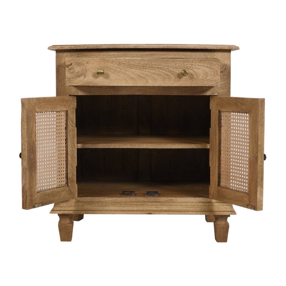 30 Inch Nightstand Table, Rattan Cabinet Doors and Drawer Fronts, Sandblasted Brown Mango Wood By The Urban Port