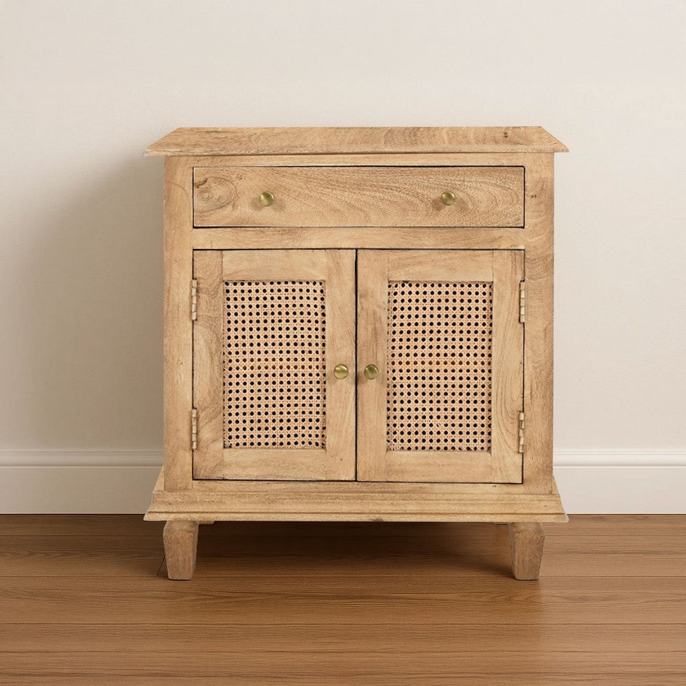 30 Inch Nightstand Table, Rattan Cabinet Doors and Drawer Fronts, Sandblasted Brown Mango Wood By The Urban Port