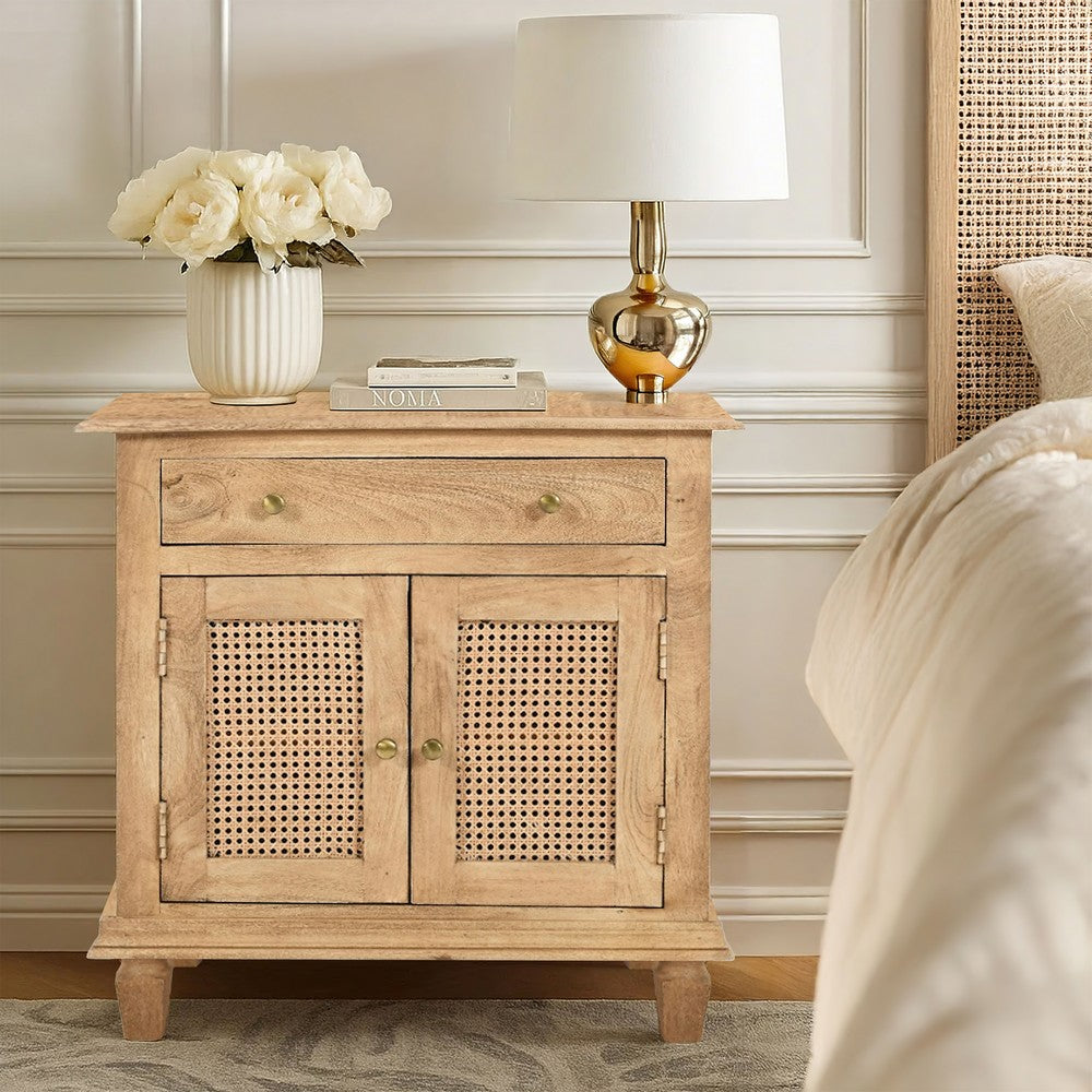 30 Inch Nightstand Table, Rattan Cabinet Doors and Drawer Fronts, Sandblasted Brown Mango Wood By The Urban Port