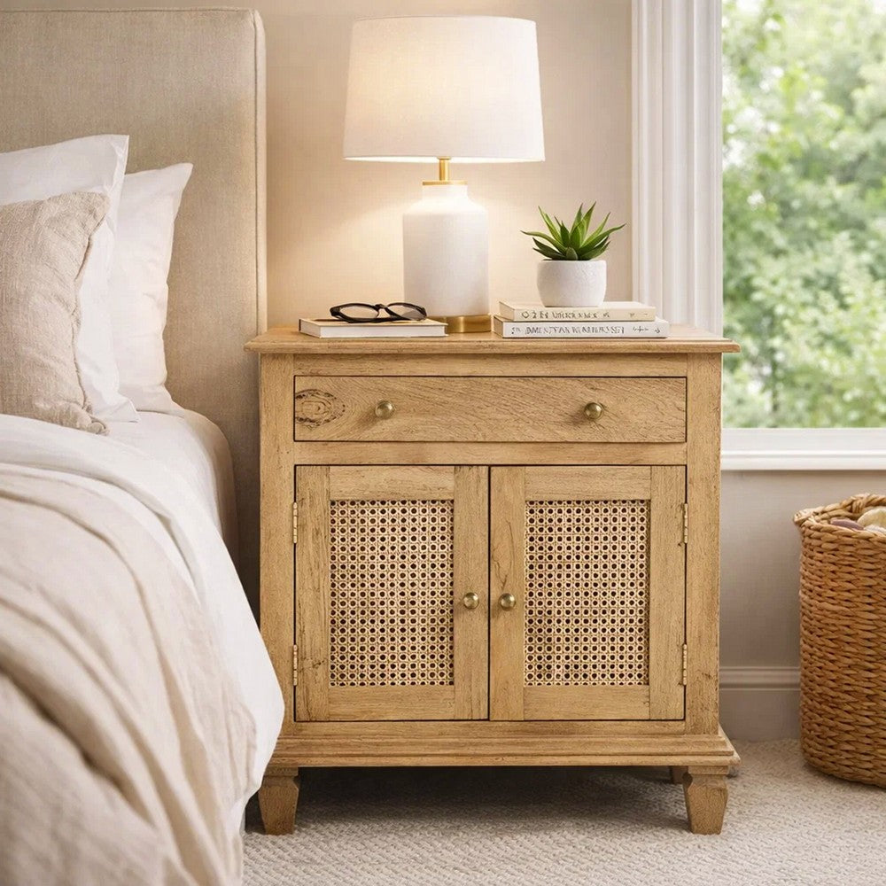 30 Inch Nightstand Table, Rattan Cabinet Doors and Drawer Fronts, Sandblasted Brown Mango Wood By The Urban Port